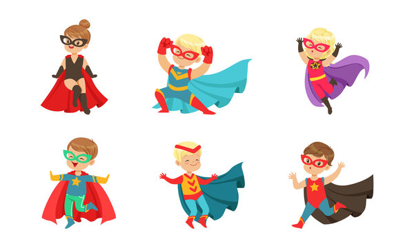 Kid Superheroes Set, Happy Little Boys and Girls Wearing Comics Costumes and Masks Cartoon Vector Illustration