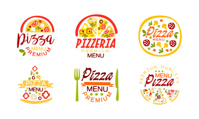 Pizza Menu Premium Logo Design Set, Pizzeria, Restaurant, Cafe, Delivery Service Labels Cartoon Vector Illustration