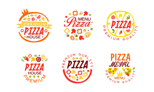 Pizza Menu Premium Logo Design Set, Pizza House, Restaurant, Delivery Service Labels Cartoon Vector Illustration