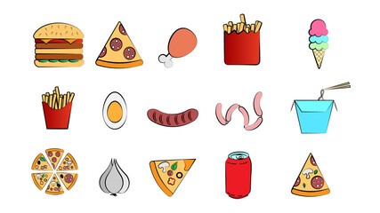 Set of 15 icons of items of delicious food and snacks for a cafe bar restaurant on a white background: burger, pizza, fries, ice cream, soda, noodles, sausage, garlic