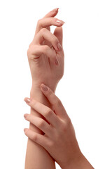 hand with nude manicure on white background