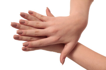 hand with nude manicure on white background