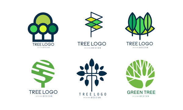 Green Tree Logo Design Set, Abstract Labels for Your Own Design Flat Vector Illustration