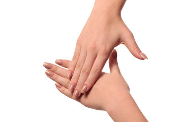 hand with nude manicure on white background
