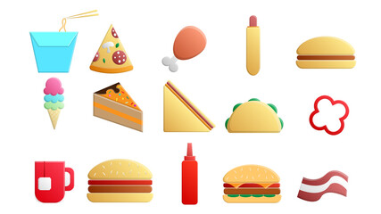 Set of 15 icons of delicious food and snacks items for a cafe bar restaurant on a white background: burger, hot dog, sandwich, pizza, burrito, drink, noodles, ketchup, pepper