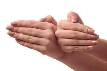 hand with nude manicure on white background