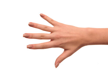 hand with nude manicure on white background