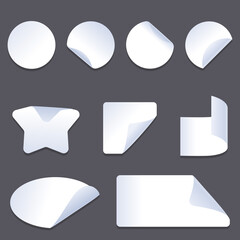 Set of vector white paper stickers of different shapes with curled corners isolated on background. Round, ribbons, square, rectangular shapes.
