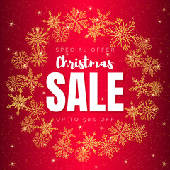 Fototapeta na wymiar Red christmas discount banner with gold decoration