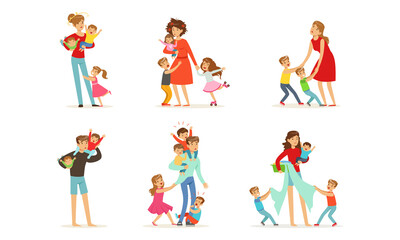 Fototapeta na wymiar Set of Tired Parents with Naughty Children, Stressed Exhausted Mom and Dad with Playful Boys and Girls Cartoon Vector Illustration