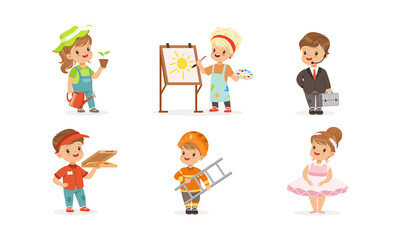Cute Boys and Girls of Different Professions Set, Farmer, Artist, Businessman, Courier, Firefighter, Ballerina Cartoon Vector Illustration