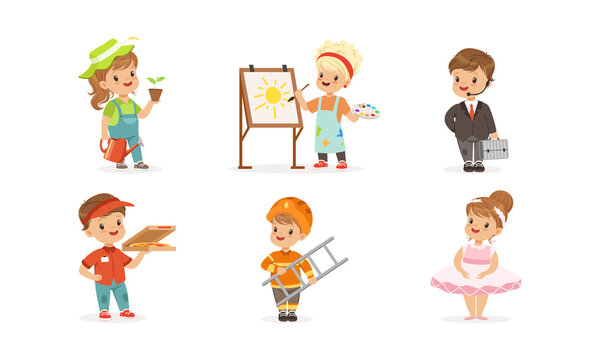 Cute Boys and Girls of Different Professions Set, Farmer, Artist, Businessman, Courier, Firefighter, Ballerina Cartoon Vector Illustration