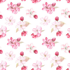 Fresh and tender seamless pattern with apple blossom; watercolor hand painted elements on white isolate background. For fabric, wrapping paper, wallpaper, stationery, fashion design, packaging. 