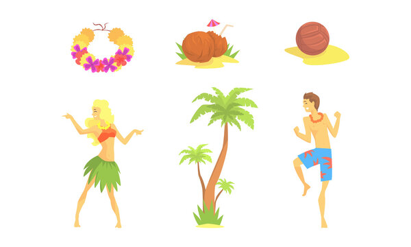 Hawaiian Party Objects Set, Symbols of Tropical Summer Holidays, Daning People, Cocktail, Palm Tree Cartoon Vector Illustration