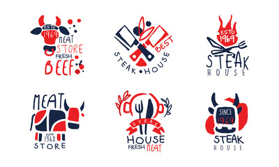 Steak House Logo Design Set, Meat Store Fresh Beef Premium Labels Hand Drawn Vector Illustration