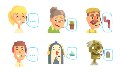 Funny Call Center Operators Set, Customer Service Representatives Cartoon Vector Illustration
