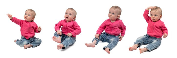 A one-year-old child with blonde hair and blue eyes, wearing a pink jacket and blue jeans. Different shooting angles. Full-length. Different emotions. On a white background.