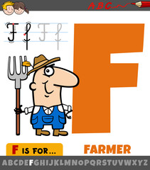 letter F from alphabet with cartoon farmer character