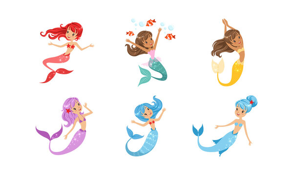 Cute Little Mermaids Set, Beautiful Mythical Marine Creatures Cartoon Vector Illustration