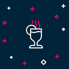 Line Mulled wine with glass of drink and ingredients icon isolated on blue background. Cinnamon stick, clove, lemon slice. Colorful outline concept. Vector