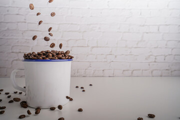 coffee beans in white glass white brick background scene