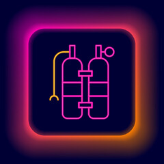 Glowing neon line Aqualung icon isolated on black background. Oxygen tank for diver. Diving equipment. Extreme sport. Sport equipment. Colorful outline concept. Vector