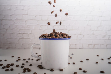 coffee beans in white glass white brick background scene