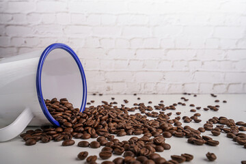 coffee beans in white glass white brick background scene