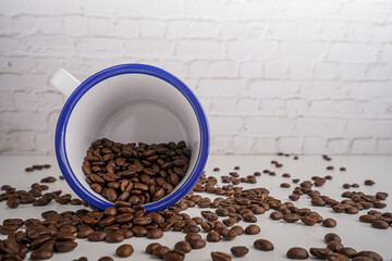 coffee beans in white glass white brick background scene