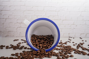 coffee beans in white glass white brick background scene