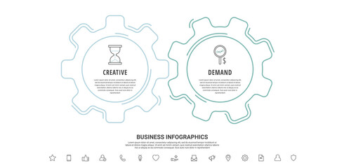 Line infographic gears with 2 steps. Vector timeline with cogwheels for business concept and chart
