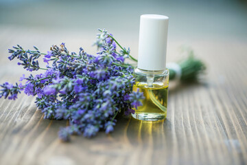 Obraz na płótnie Canvas Bottle of Lavender essential oil with fresh lavender flowers on wooden table, aromatherapy spa massage concept. Lavendula oleum