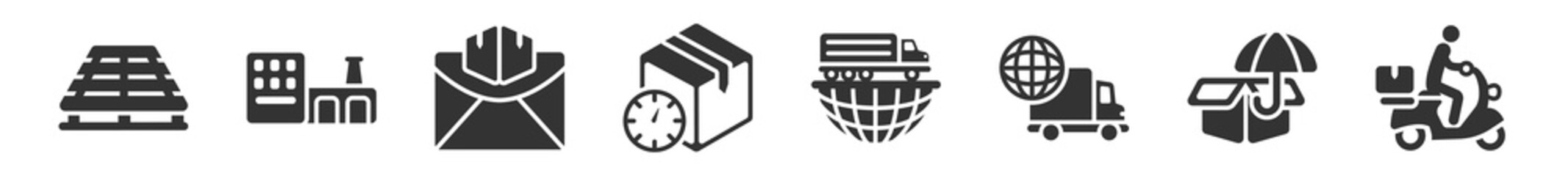 filled set of delivery and logistics icons. glyph vector icons such as pallet, factory, air mail, delivery delay, global logistic, delivery by motorcycle. vector illustration.
