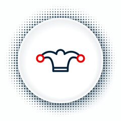 Line Jester hat with bells isolated on white background. Clown icon. Amusement park funnyman sign. Colorful outline concept. Vector