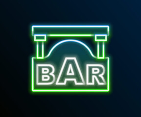 Glowing neon line Street signboard with inscription Bar icon isolated on black background. Suitable for advertisements bar, cafe, restaurant. Colorful outline concept. Vector