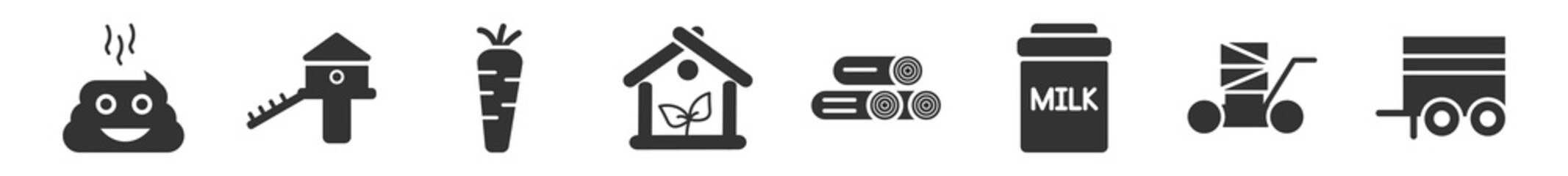 filled set of agriculture farming icons. glyph vector icons such as poo, chicken coop, carrots, house, wood logs, trailer. vector illustration. © Digital Bazaar