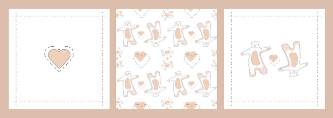 Set Vector illustration of a cute pink bear cub with a heart. Seamless pattern. Perfect for banners, party invitations, fabrics, packaging. EPS10