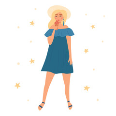 Obraz na płótnie Canvas Beauty woman in blue dress and summer hat. Girl is holding ice cream. Cartoon character. Summer fashion vector illustration. Flat style.