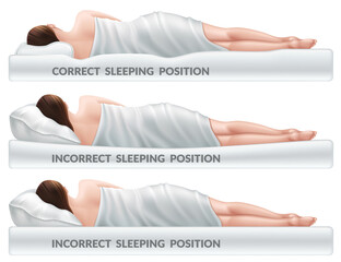 Correct and incorrect sleeping poses. Right and wrong position spine on different mattresses. Caring for health of back. 3d realistic vector illustration. - obrazy, fototapety, plakaty