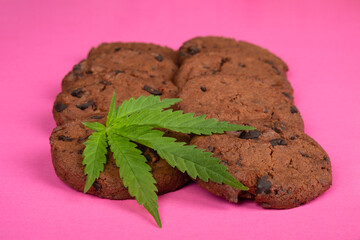 chocolate cookies with THC and CBD effect, sweet food with marijuana.