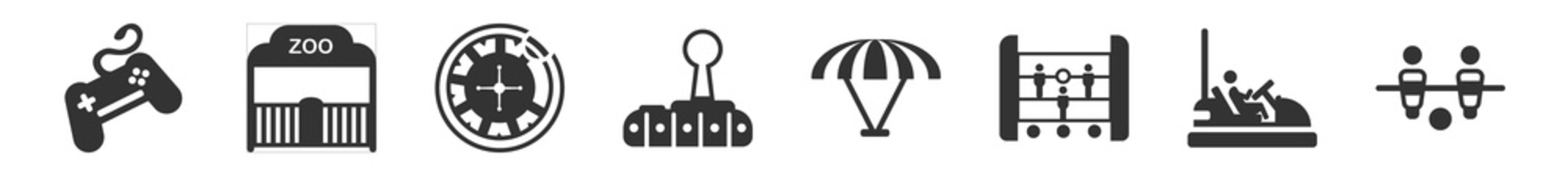 Obraz premium filled set of entertainment and arcade icons. glyph vector icons such as game, zoo, casino, joystick, paraplane, table football. vector illustration.
