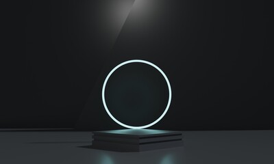 3d dark podium with round neon circle for advertising. Blank product stage.