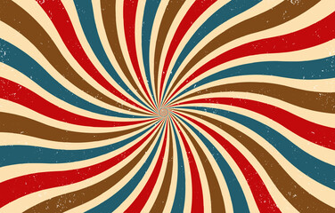 Grungy Sunburst Retro Vintage Background with Colorful swirls and Spiral Lines. Starburst Grunge with Stripped and Curved Rays. Old style dark Colors with beige, red, blue and brown colors. 