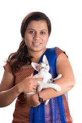 young attractive girl with cat on white background