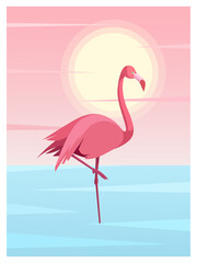 Tropical illustration with pink flamingo bird and summer background. Vector illustration.