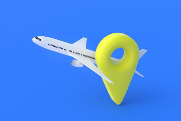 Airplane near yellow mark of gps, geolocation on blue background. Arrival, departure of plane. Global logistics. A tourist, fly route. 3d render