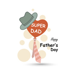 Happy Father's Day holiday card, poster or banner template with necktie, tie, heart shape balloon, man's hat on light background. Greetings and presents for Father's Day. Flat vector illustration