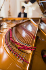 Warsaw, Mazowieckie, Poland - May 4 2021: piano pianoforte strings inside of Shigeru Kawai Grand Piano