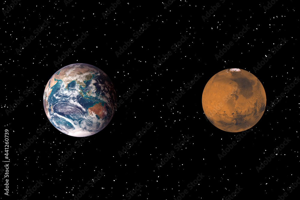 Wall mural mars and earth. distance between them. space for text. the elements of this image furnished by nasa.