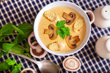 Mushrooms cream soup in the plate